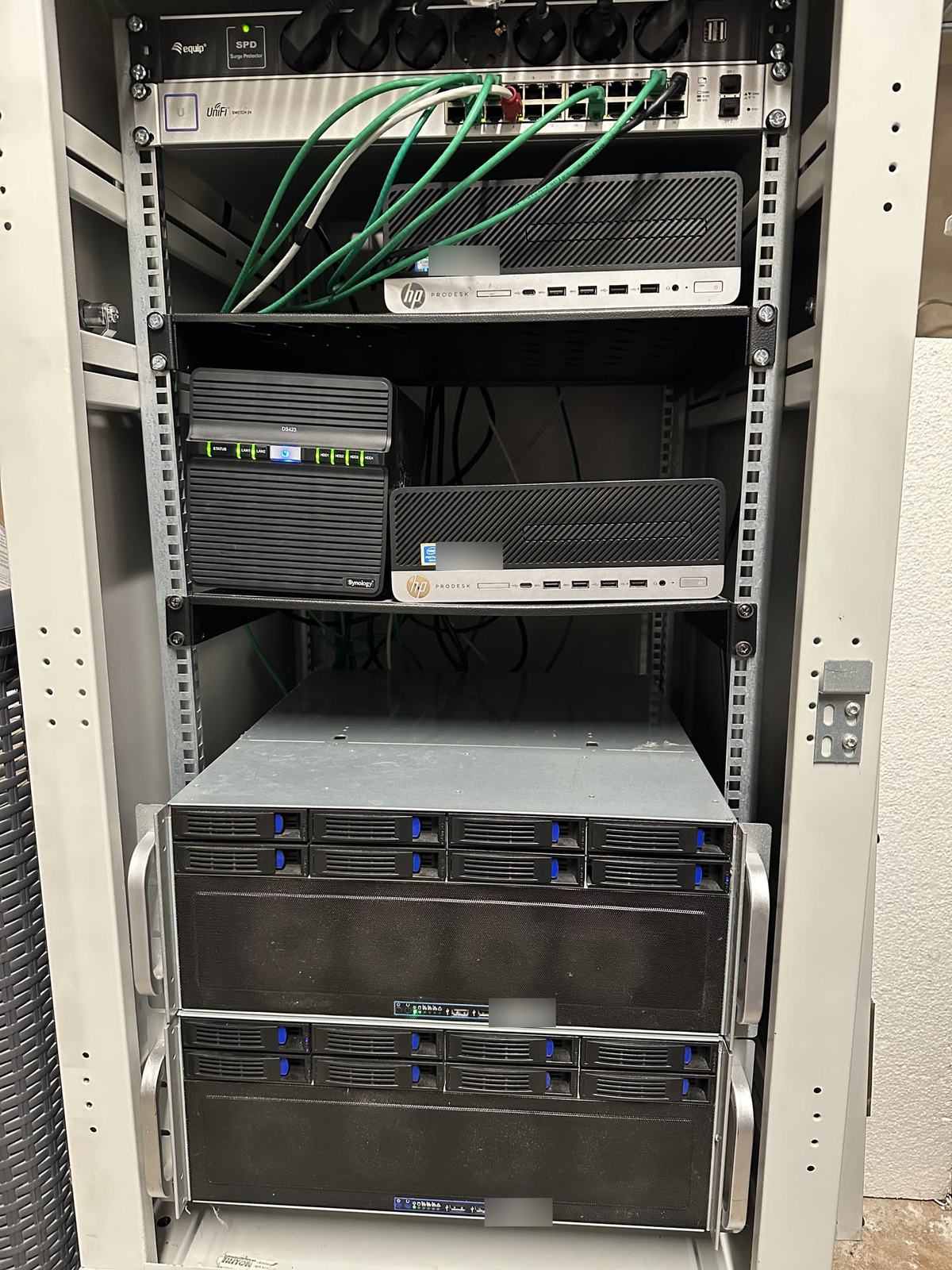 The current rack: a power strip and a UniFi switch with green patch cables at the top, two small HP PCs and a Synology NAS on shelves, two 4U servers with blue drive caddies below; the host labels are blurred.